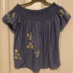 Daniel Cremieux Blue Off-Shoulder Top with Yellow Floral Embroidery